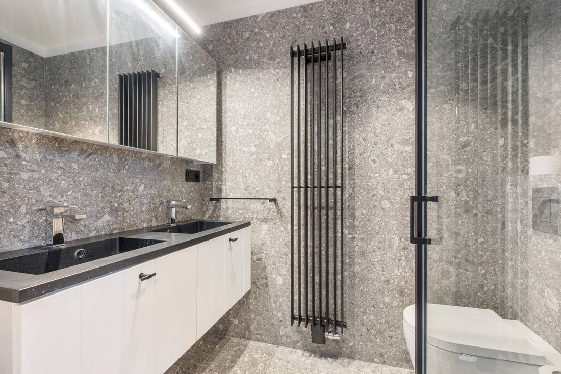 Bathroom with double vanity and shower